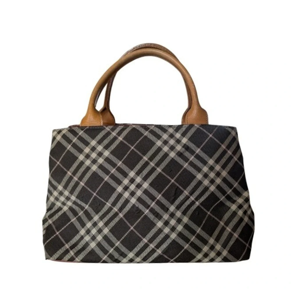 Burberry London Blue Label Nova Check Canvas Leather Tote Handbag Brown Pink
